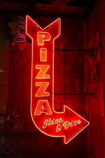 Vintage Pizza Slice and Dice Red Neon Sign: circa 1970s, vintage double-sided neon sign in painted metal box, side mounts; with transformers inside; 94 x 53 x 15 in. (238.8 x 134.6 x 38.1 cm.); Notes: This neon sign was featured in several nota