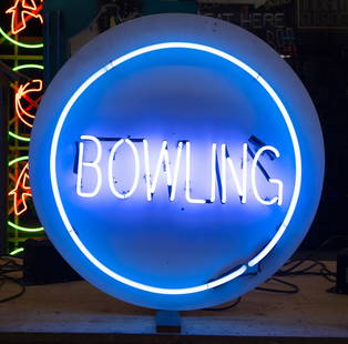Bowling Neon Sign: mounted to a round white painted board backing; transformer included; Overall: 33 in. (83.8 cm.) diameter; Notes: This neon sign was featured in several notable film and television productions, includ