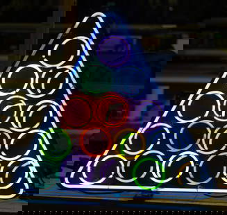 Billiard Balls Triangular Neon Sign: multi-color neon, mounted to a triangular-shaped black wood board backing; transformer included; 29 x 32 in. (73.7 x 81.3 cm.); Notes: This neon sign was featured in several notable film and televisio
