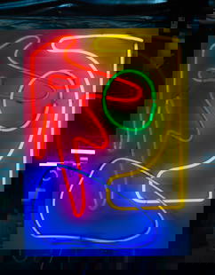 Multi-Color Abstract Neon Art: mounted to white painted board backing; transformer included; copy and paste link to view a video of this and other pieces: https://youtu.be/naR4sIs-dio ; Overall: 36 x 26 in. (91.4 x 66 cm.); Notes: