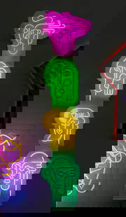 Diversity Totem Neon Sign: mounted to backing with four color neon; transformers included; copy and paste link to view a video of this and other pieces: https://youtu.be/3ainWJ43mvs; 96 x 24 x 3 in. (243.8 x 61 x 7.6 cm.); Note
