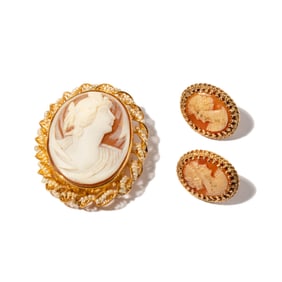 Yellow Gold, Cameo and Pearl Brooch/Pendant with Earrings
