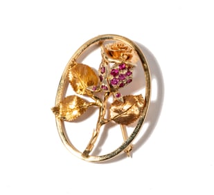 14 Karat Yellow Gold and Ruby Rose Brooch
