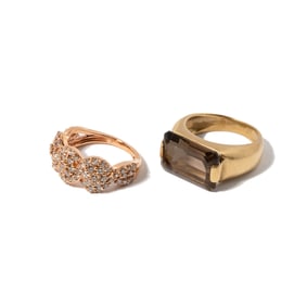 Two Assorted 14 Karat Gold, Diamond, and Smoky Quartz Rings