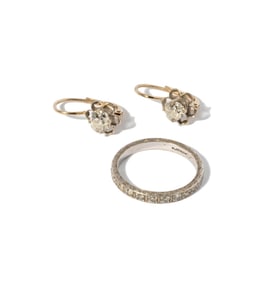 14 Karat Yellow Gold Flower Diamond Earrings, and Platinum Diamond Band