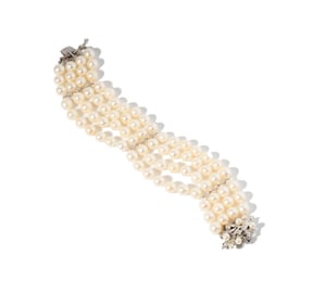 14 Karat White Gold, Diamond, and Pearl Bracelet