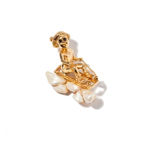14 Karat Yellow Gold, Sapphire, and Pearl Sled Brooch