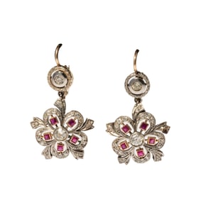 14 Karat Ruby and Diamond Flower Earrings
