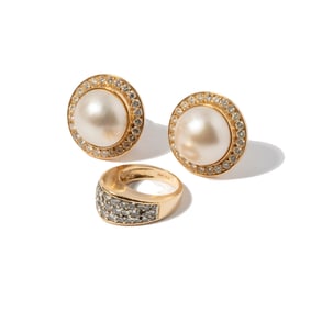 Yellow Gold Diamond Pearl Earrings and Ring