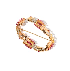14 Karat Gold Diamond and Ruby Frame Brooch