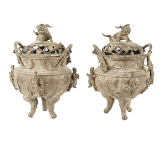 A Pair of Chinese Bronze Covered Tripod Censors
