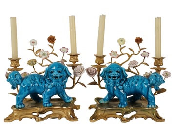 A Pair of Chinoiserie Gilt Bronze and Porcelain Candelabra