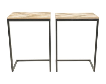 A Pair of Wood and Black-Painted Metal End Tables