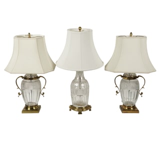 Three Vintage Brass-Mounted Cut-Crystal Table Lamps