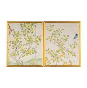 A Pair of Chinese Export-Style Hand-Painted Wallpaper Panels