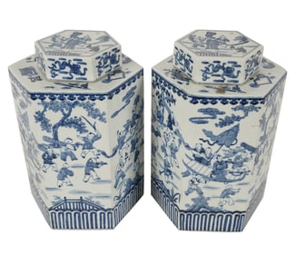 A Pair of Chinese Blue and White Porcelain Hexagonal Tea Caddies