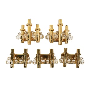 A Set of Five Brass and Crystal Sconces