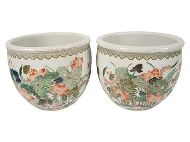 A Pair of Chinese Famille Verte Porcelain Planters