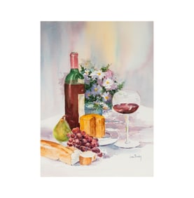 Joan Brumley, 20th Century, Still Life with Wine, Cheese, Bread and Fruit