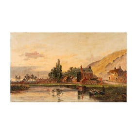 English School, 19th Century, Canal Landscape with Village