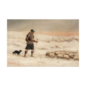 British School, 19th Century, Winter Scene with Shepherd and Sheep