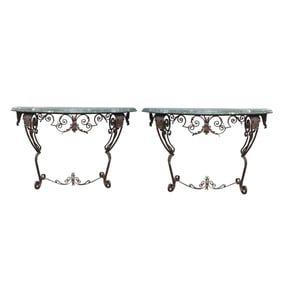 A Pair of Green Marble-Top Iron Console Tables