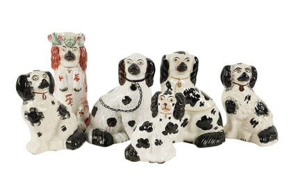 Six Staffordshire Pottery Spaniel Dog Figures