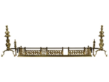 A Brass Fireplace Fender and Andirons