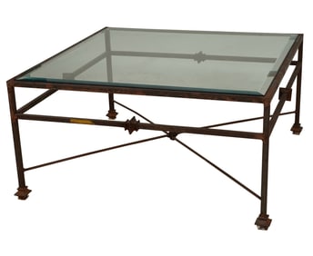 An Iron and Glass Square Cocktail Table