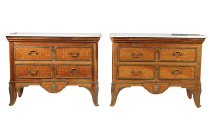A Pair of Regence-Style Marble-Top Parquetry Commodes