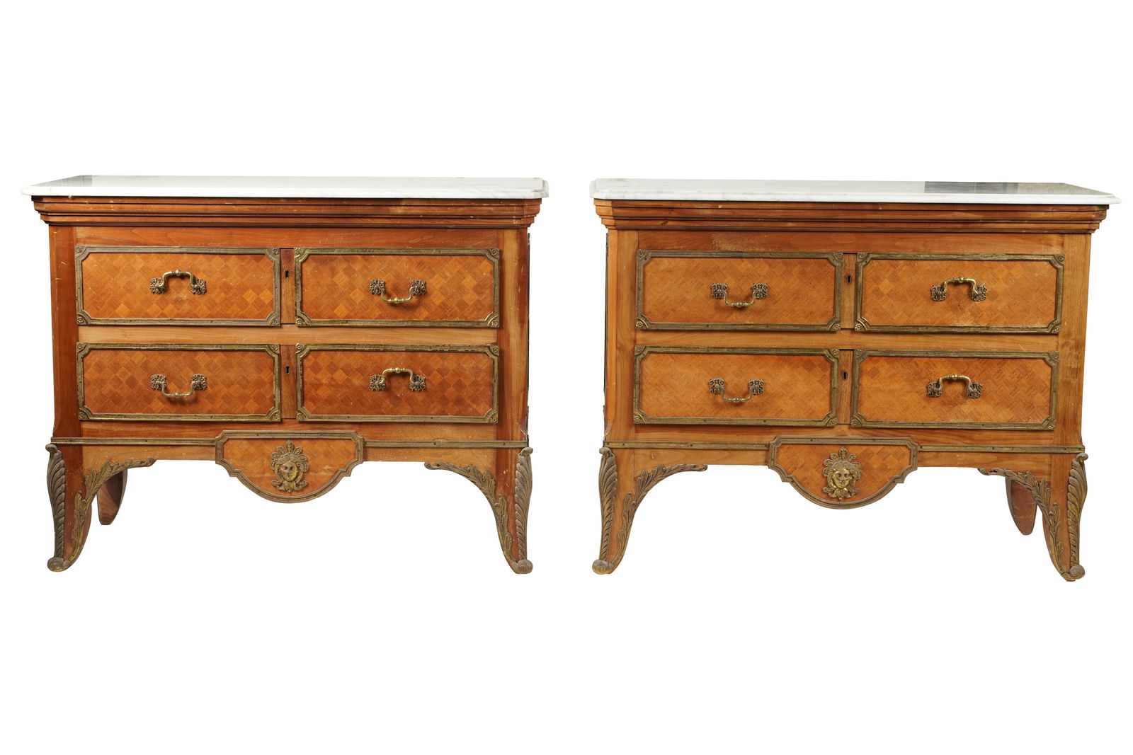 A Pair of Regence-Style Marble-Top Parquetry Commodes