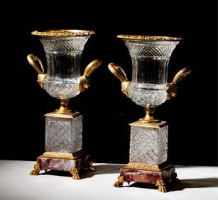 A Pair of Gilt Metal-Mounted Cut Crystal Urns