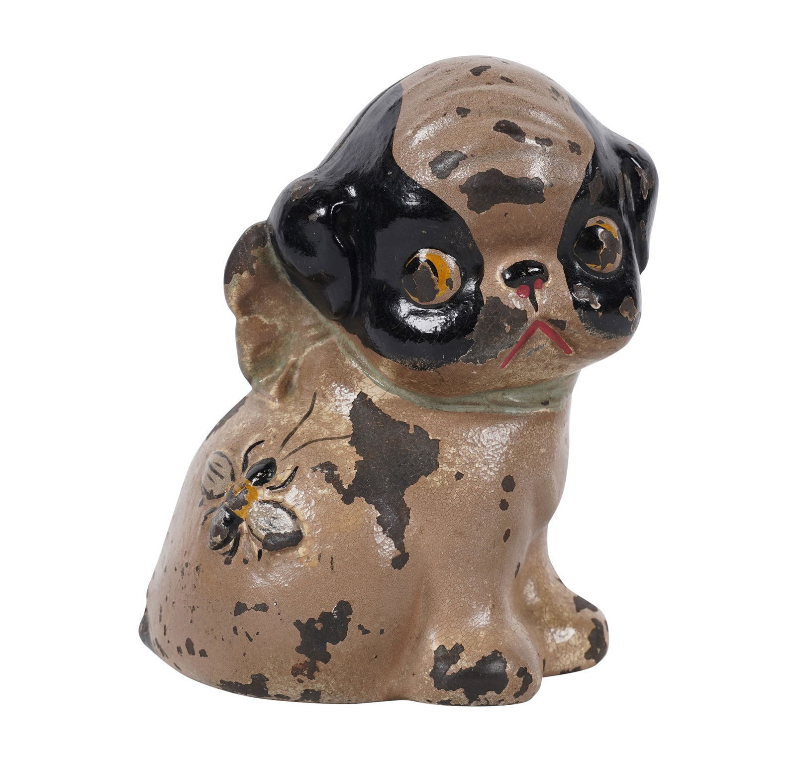 A Painted Cast Iron Hubley Puppo Coin Bank: cast as a Boston Terrier puppy with a bee on his hindquarters; unsigned 5 in. (12.7 cm.) high