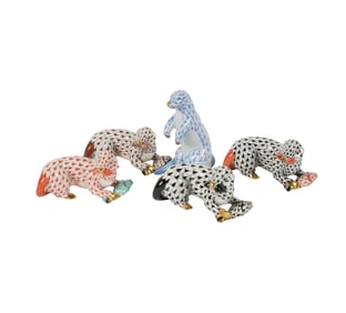 Five Herend Fishnet Porcelain Otter Figurines