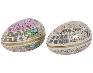 Two Herend Porcelain Reticulated Egg Boxes