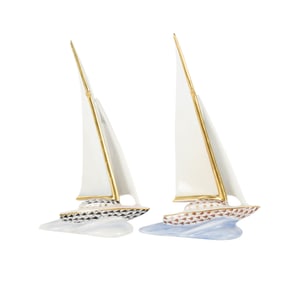 Two Herend Fishnet Porcelain Sailboats