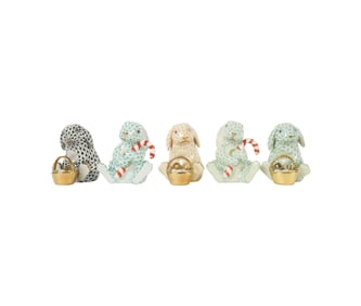 Five Herend Fishnet Rabbit Figurines