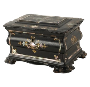 A Victorian MOP-Inlaid Papier Mache Tea Caddy