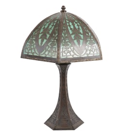 A Vintage Bronze and Slag Glass Table Lamp