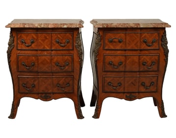 A Pair of Marble-Top Parquetry Petite Commodes