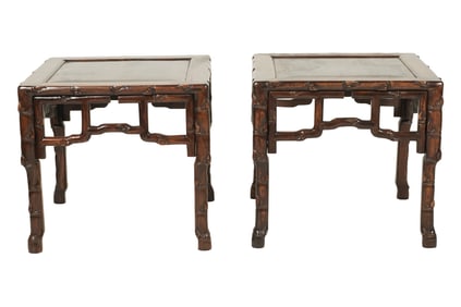 A Pair of Chinese Faux Bamboo Carved Wood Side Tables