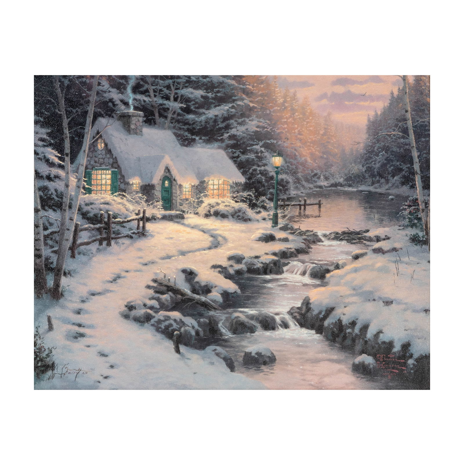 After Thomas Kinkade, 1958-2012, Evening Glow: embellished giclee print on canvas signed lower right 16 x 20 in. (40.6 x 50.8 cm.) Frame: 24 3/4 x 28 3/4 in. (62.9 x 73 cm.)
