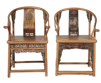 Two Chinese Carved Wood Armchairs