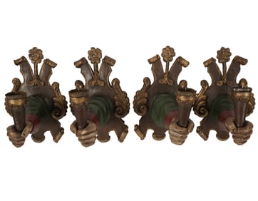 A Set of Four Carved and Painted Wood Single-Light Sconces