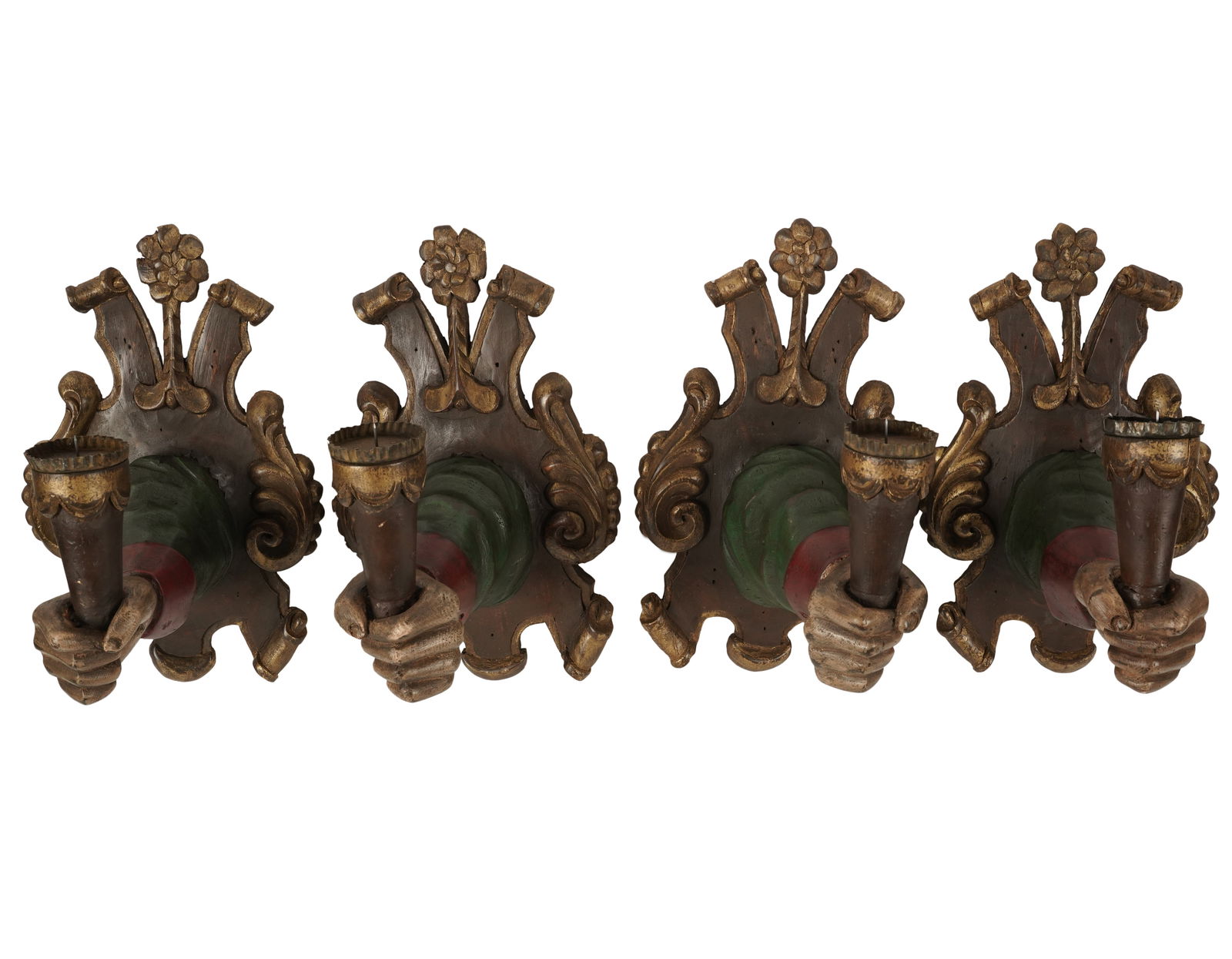 A Set of Four Carved and Painted Wood Single-Light Sconces (1 of 10)