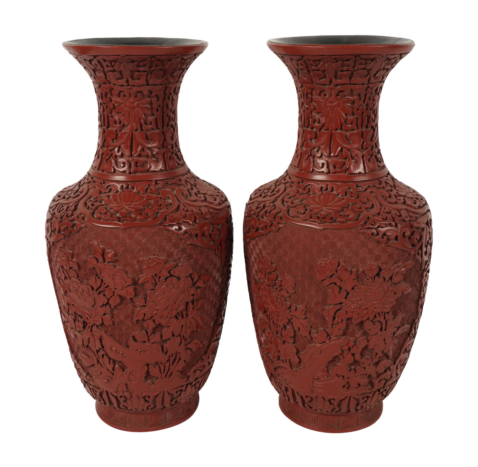 A Pair of Chinese Vases: imitating cinnabar 15 x 7 in. (38.1 x 17.8 cm.) Notes: This item does not qualify for in-house shipping. Please see our preferred shippers' list for quotes or arrange for local pickup. https://www.abe