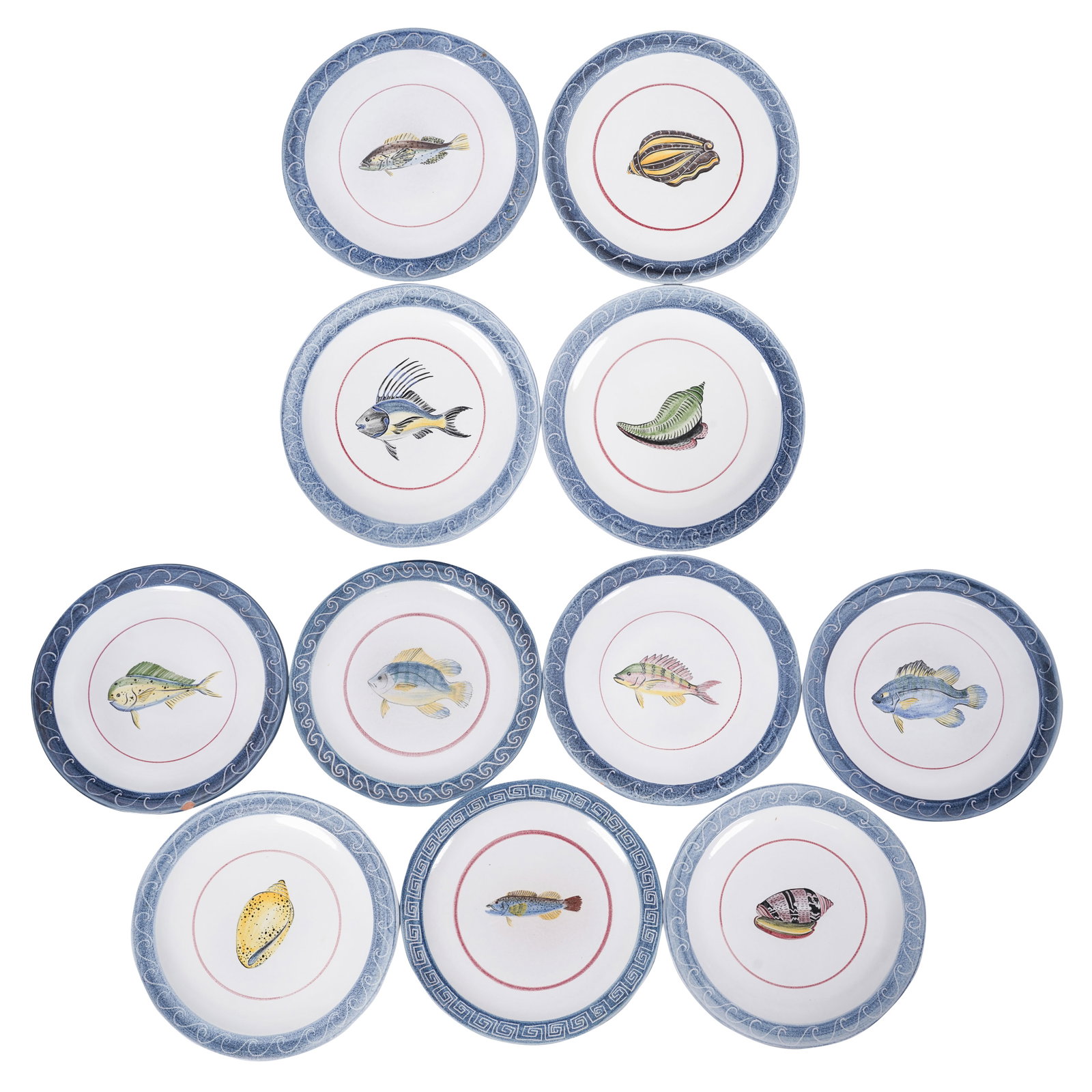 A Set of Mexican Fish Plates: comprising 11 pieces Each: 11 in. dia. (27.9 cm.) Provenance: The Estate of Antiquarian and Collector Ron Belkin, Long Beach, CA. A revered figure in the art and antiques world, Ron Belkin?s significa