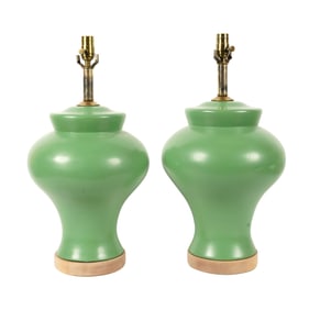 A Pair of Vintage Pottery Table Lamps Glazed in Apple Green