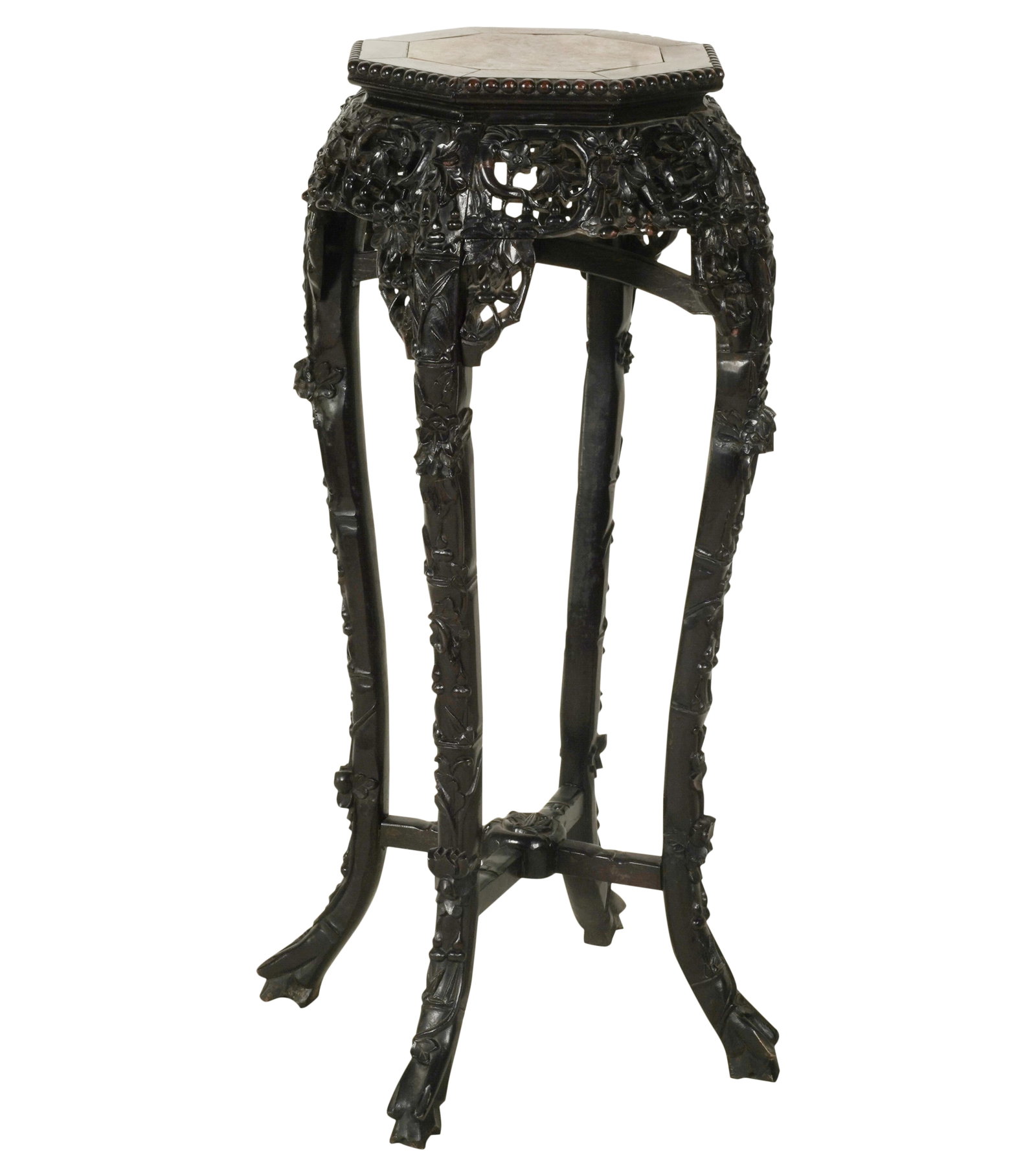 A Chinese Carved Wood Stand: with pink marble-inset top 36 x 15 1/2 x 15 1/2 in. (91.4 x 39.4 x 39.4 cm.) Notes: This item does not qualify for in-house shipping. Please see our preferred shippers' list for quotes or arrange for 