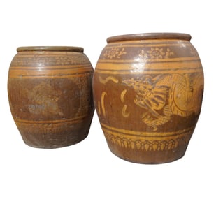 A Pair of Asian Glazed Ceramic Planter Pots